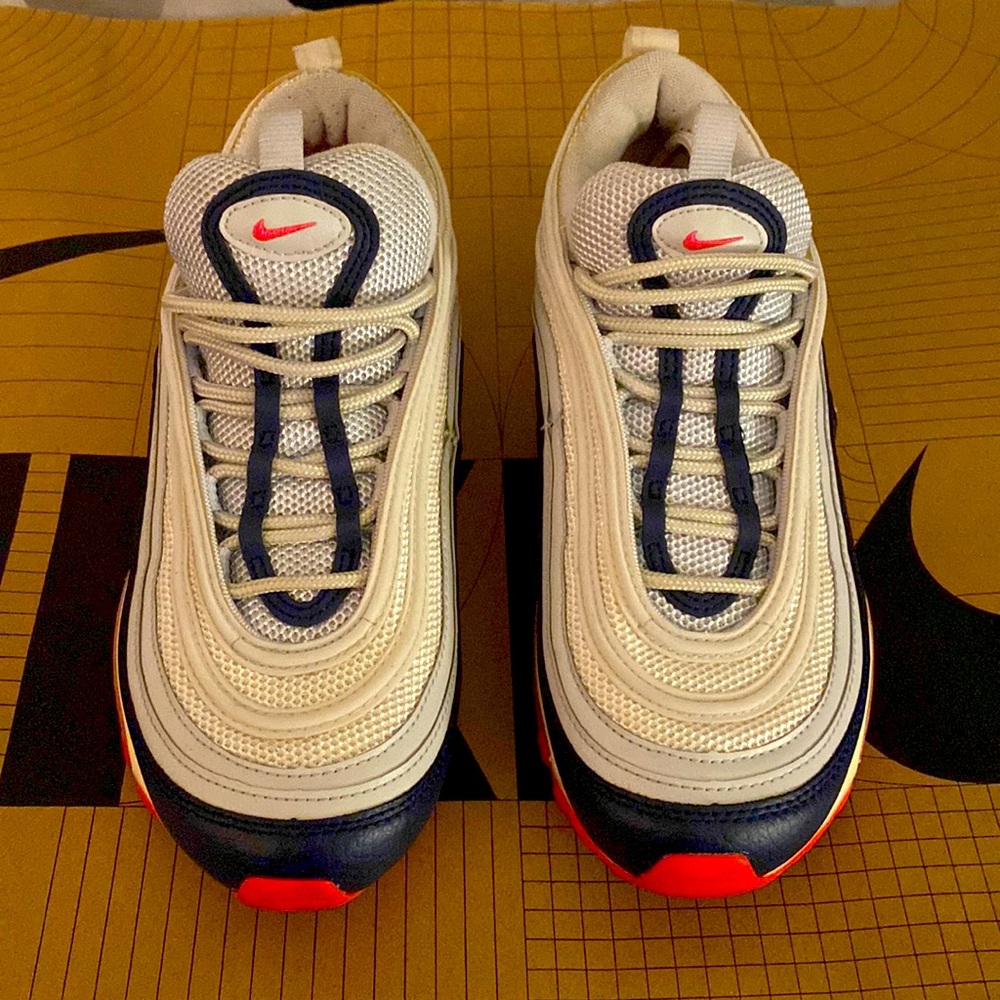 Woman’s Nike 97 Airmax platinum navy orange